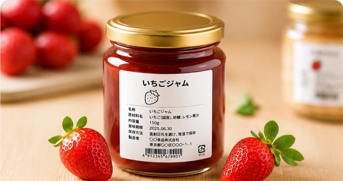 ポチラベで作った食品表示ラベルを貼ったジャムの瓶