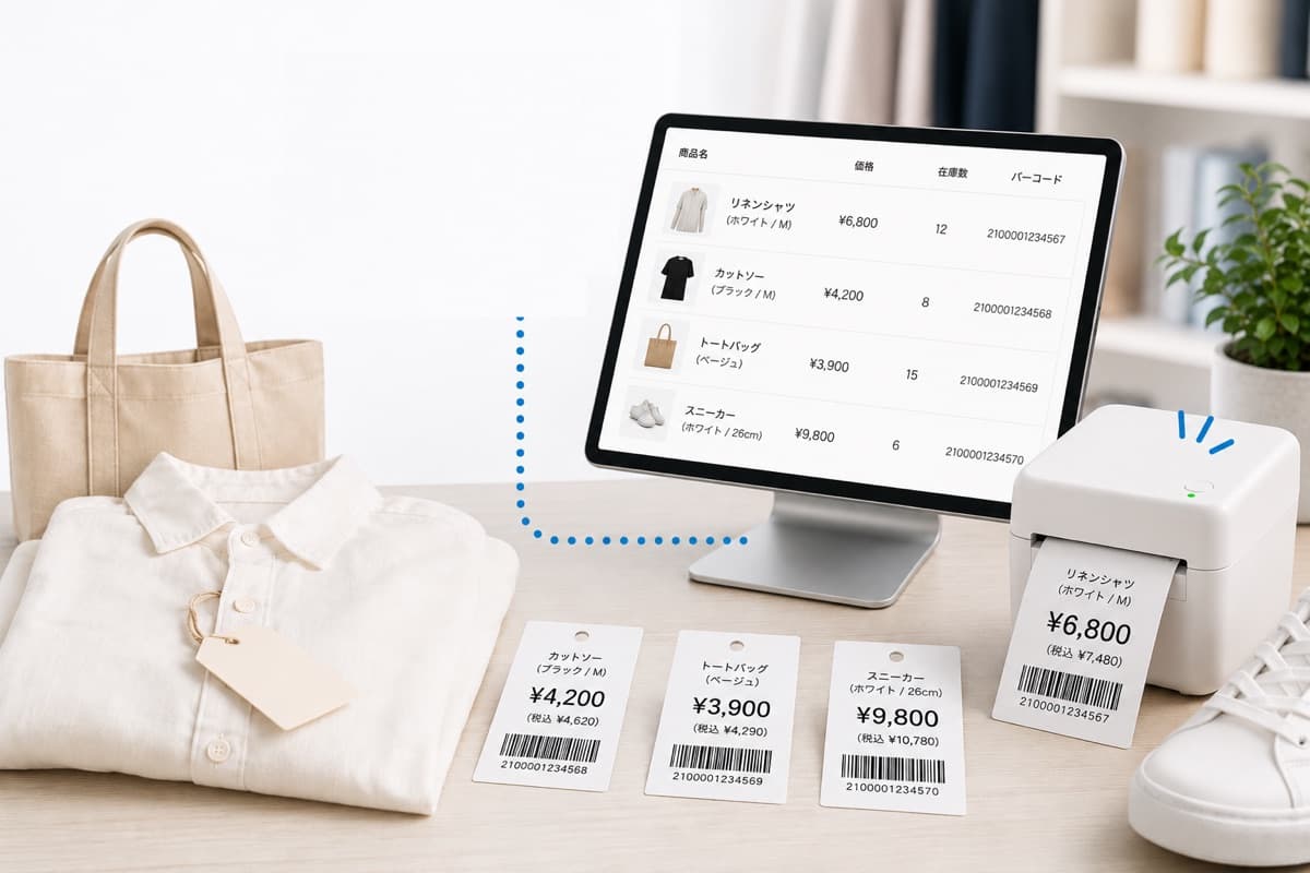 POS の商品一覧から値札を印刷している店舗のバックヤード
